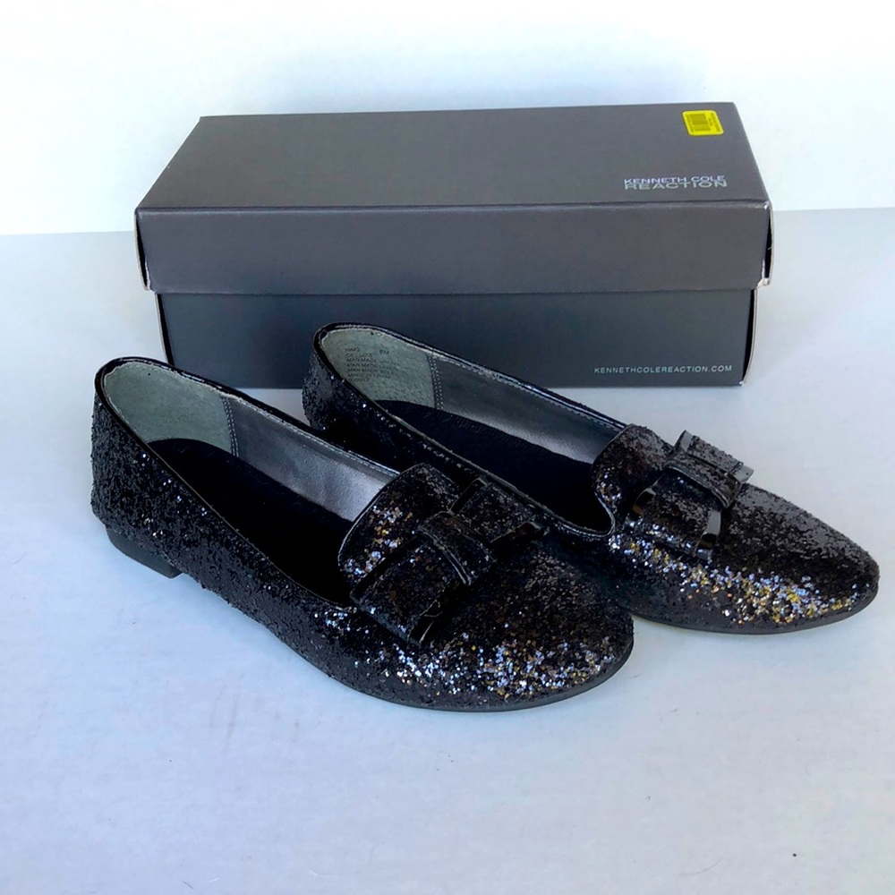 Kenneth Cole, black glitter flat with bow, size 8, still in box never worn